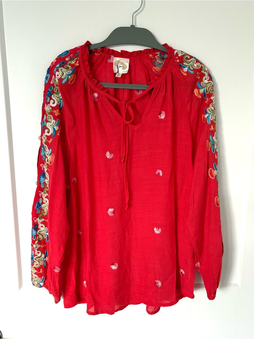 Fig & Flower Embroidered Boho Blouse Red Medium